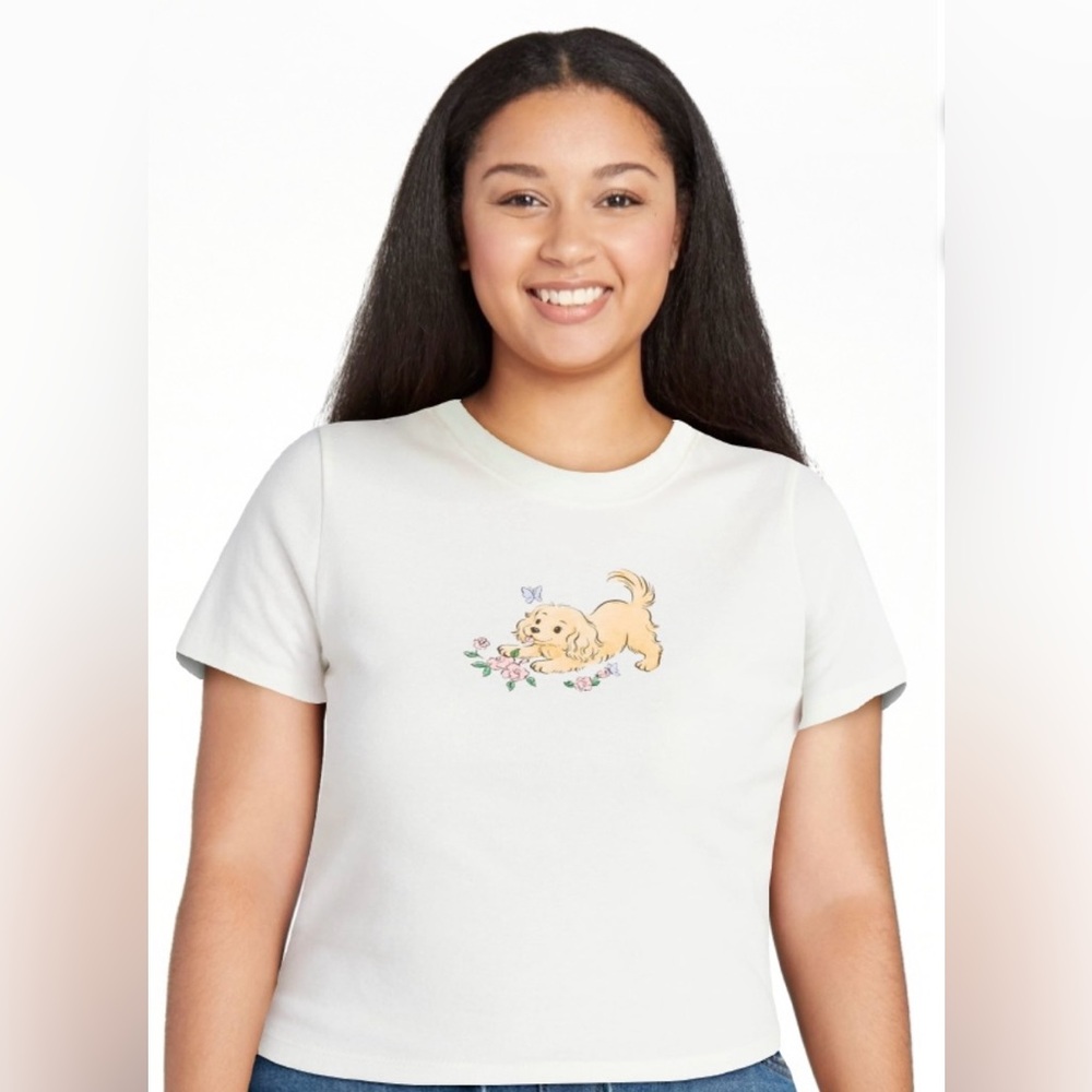 No Boundaries Cropped Graphic Tee Puppy Floral White Size S NWT